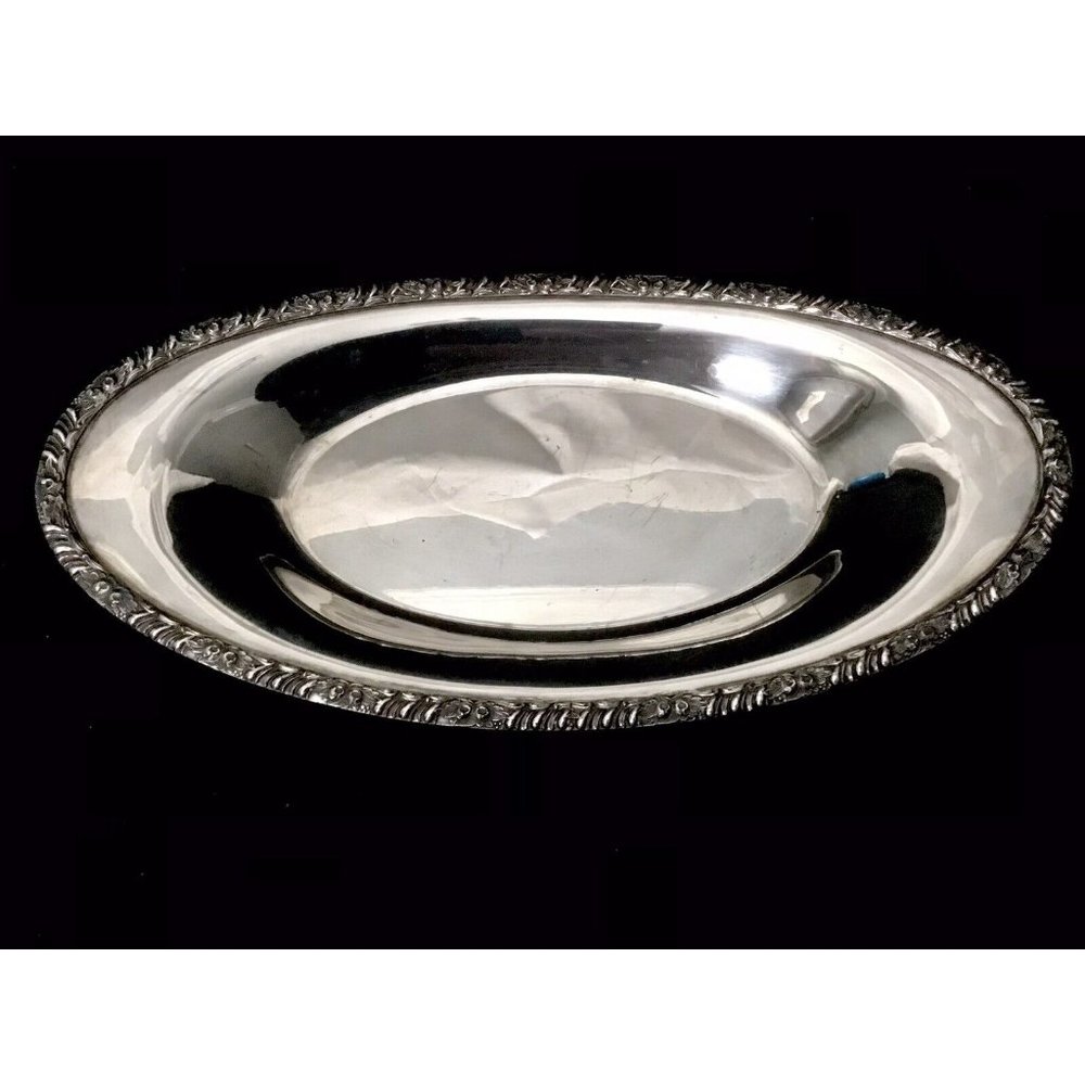 Vintage Oneida Oval Silverplate Serving Tray Floral Trim Hospitality 13.5” x 7”